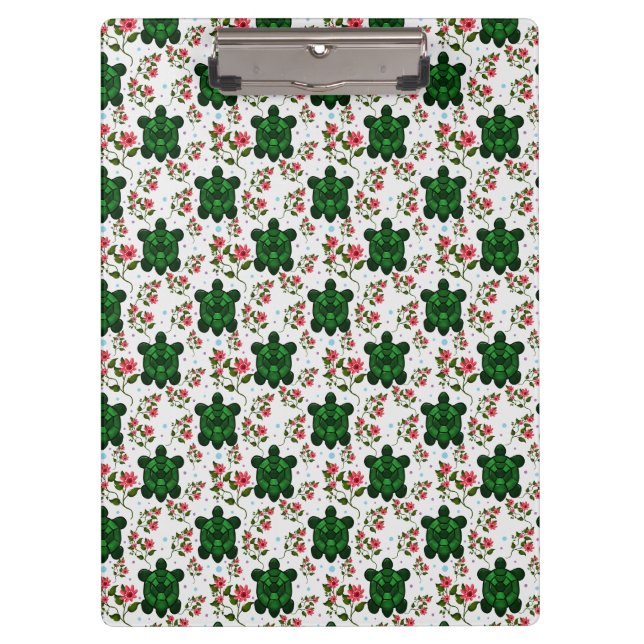 Cute Turtle and Floral Seamless Pattern  Klemmbrett (Vorderseite)