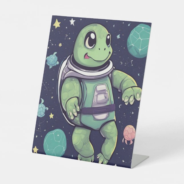 Cute Turtle Astronaut Space Party Display Ständer Sockelschild (Vorderseite)
