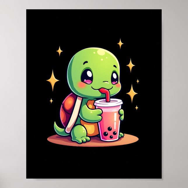 Cute turtle drinking boba. Funny Boba Turtles Love Poster (Vorne)