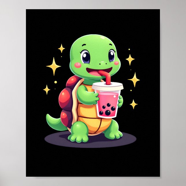 Cute turtle drinking boba. Funny Boba Turtles Love Poster (Vorne)