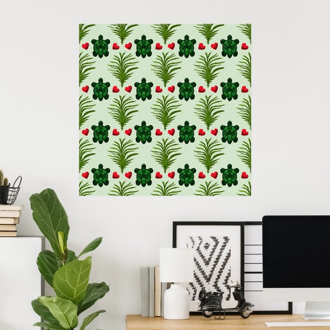 Cute Turtle Pattern Aesthetic | Tropical Leaves Bu Poster (Heimbüro)