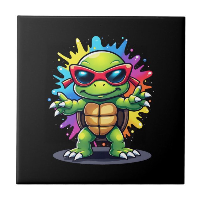 Cute Turtle Wearing Sunglasses Paint Splash Sea An Fliese (Vorderseite)