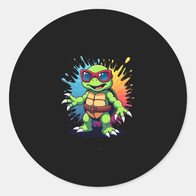 Cute Turtle Wearing Sunglasses Paint Splash Sea An Runder Aufkleber (Vorderseite)
