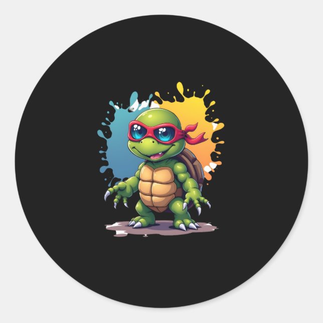 Cute Turtle Wearing Sunglasses Paint Splash Sea An Runder Aufkleber (Vorderseite)