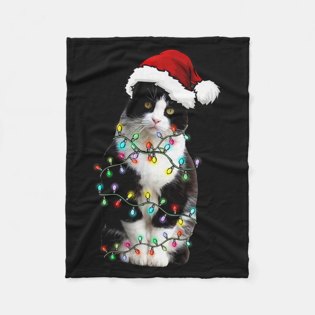 Cute Tuxedo Black Cat Christmas Light Cat Christma Fleecedecke (Vorderseite)