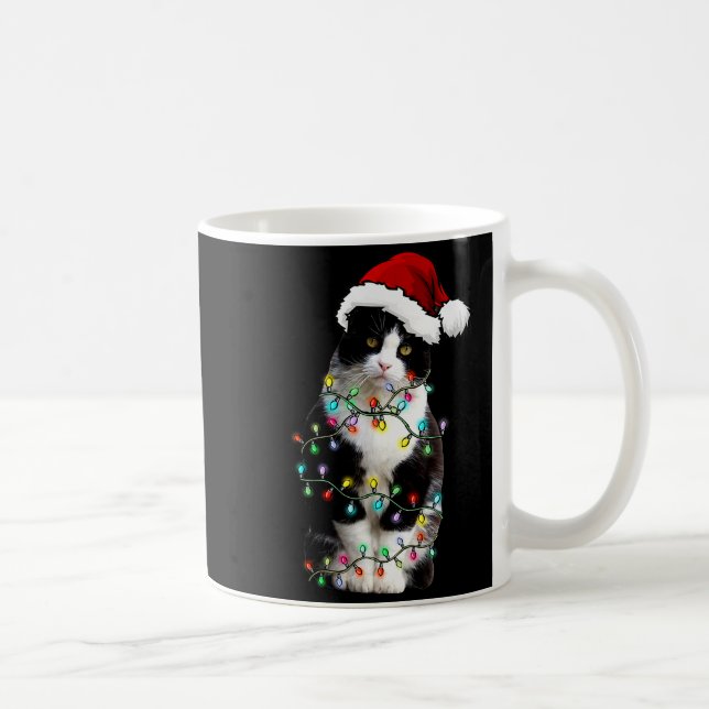 Cute Tuxedo Black Cat Christmas Light Cat Christma Kaffeetasse (Rechts)