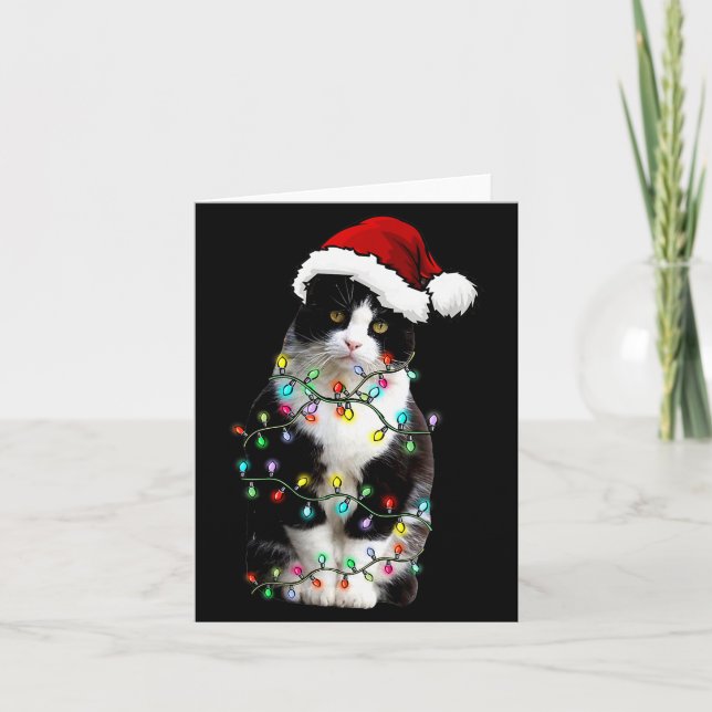 Cute Tuxedo Black Cat Christmas Light Cat Christma Karte (Vorderseite)