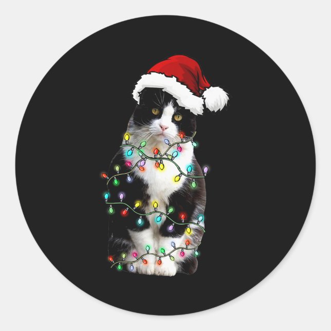 Cute Tuxedo Black Cat Christmas Light Cat Christma Runder Aufkleber (Vorderseite)