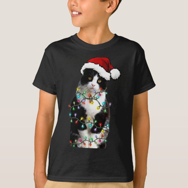 Cute Tuxedo Black Cat Christmas Light Cat Christma T-Shirt (Vorderseite)