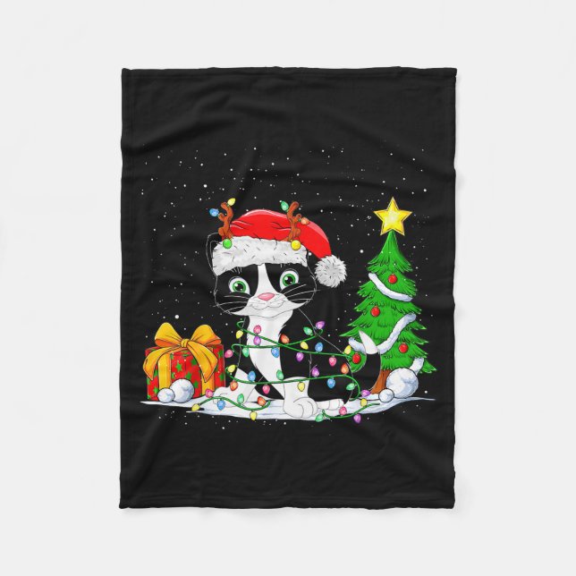 Cute Tuxedo Cat Santa Christmas Tree Lights Xmas T Fleecedecke (Vorderseite)