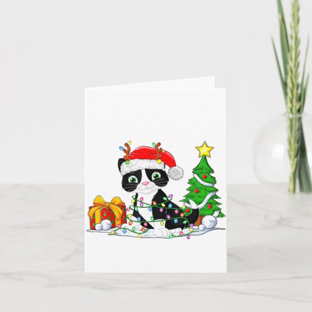 Cute Tuxedo Cat Santa Christmas Tree Lights Xmas T Karte (Vorderseite)