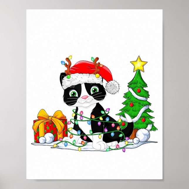 Cute Tuxedo Cat Santa Christmas Tree Lights Xmas T Poster (Vorne)