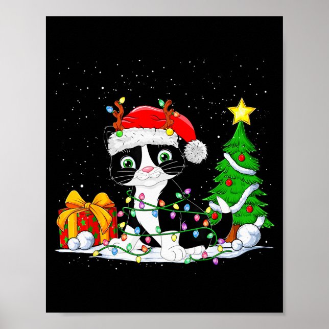 Cute Tuxedo Cat Santa Christmas Tree Lights Xmas T Poster (Vorne)