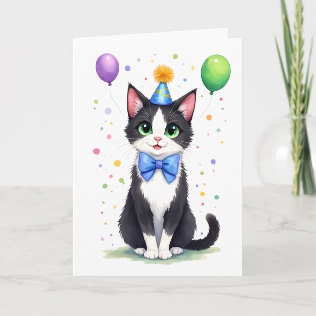 Cute Tuxedo Cat with a Bow Tie Happy Birthday Karte (Vorderseite)