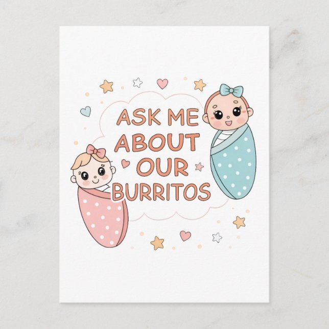 Cute Twin Baby Burrito Announcement Illustration Postkarte (Vorderseite)
