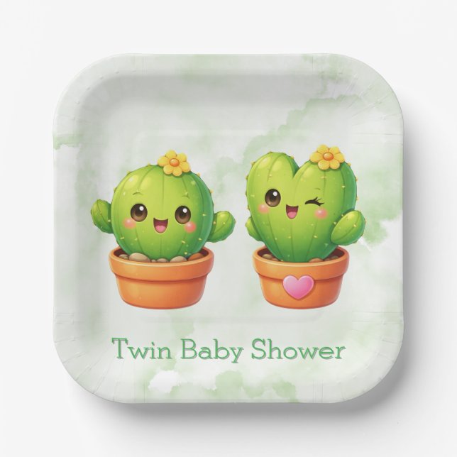 Cute Twin Cactus Baby Shower Pappteller (Vorderseite)