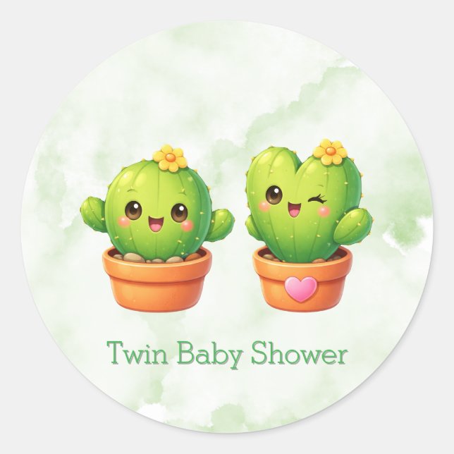 Cute Twin Cactus Baby Shower Runder Aufkleber (Vorderseite)