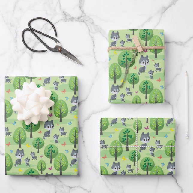 Cute twin wolf babies and Mom tiled pattern  Geschenkpapier Set (Vorderseite)