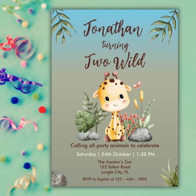 Cute Two Wild Safari Giraf Kids 2nd Birthday  Einladung (Von Creator hochgeladen)