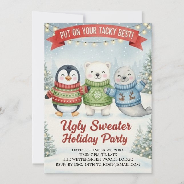 Cute Ugly Sweater Holiday Party Penguin Polar Bear Einladung (Vorderseite)