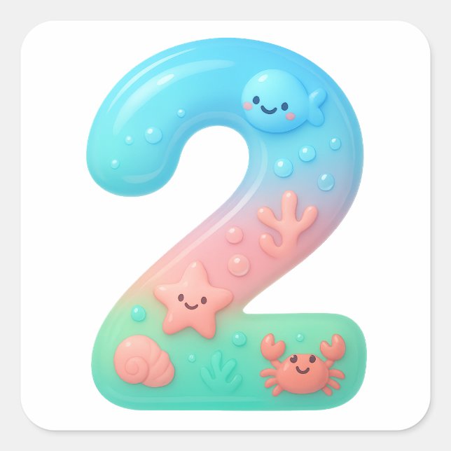 Cute Under The Sea Theme Cartoon Number 2 Quadratischer Aufkleber (Vorderseite)