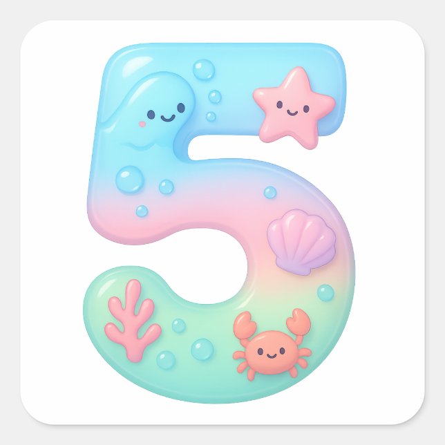 Cute Under The Sea Theme Cartoon Number 5 Quadratischer Aufkleber (Vorderseite)