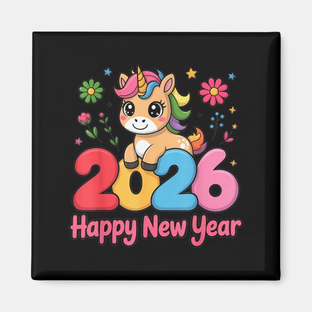 Cute Unicorn 2026 Horse Year Happy New Year Kawaii Magnet (Vorne)