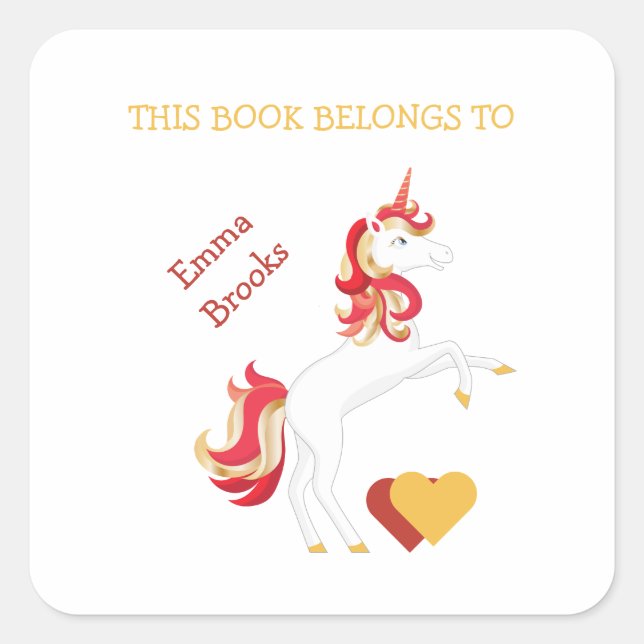 Cute Unicorn Bookplate Dieses Buch gehört zum Labe Quadratischer Aufkleber (Vorderseite)
