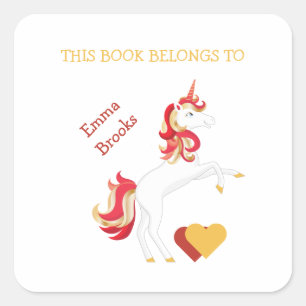 Cute Unicorn Bookplate Dieses Buch gehört zum Labe Quadratischer Aufkleber