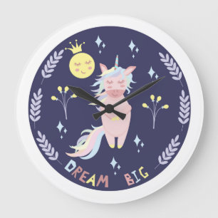 Cute unicorn dream big navy blue große wanduhr