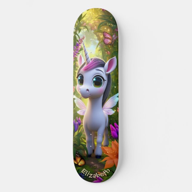 Cute Unicorn Fantasy Forest Cool Children Art Skateboard (Vorderseite)