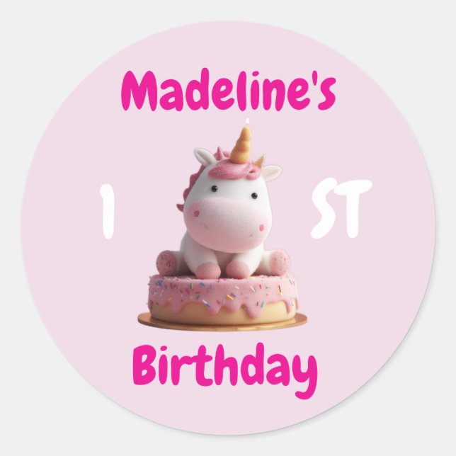Cute Unicorn On Cake, 1st Birthday Girl, Custom Runder Aufkleber (Vorderseite)