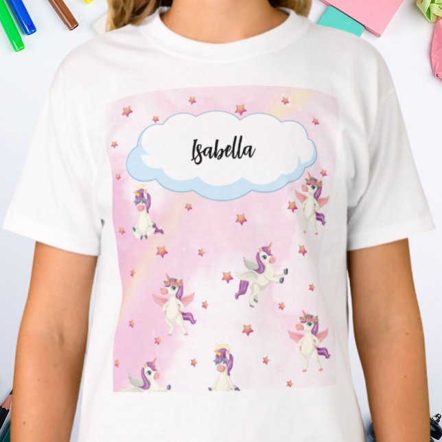 Cute Unicorn & Pink Stars for Girls Personalized T-Shirt (Von Creator hochgeladen)