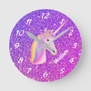 Cute Unicorn Purple Pink Glitter Personalized Runde Wanduhr
