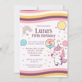 Cute Unicorn Rainbow Girl Fifth Birthday Party Einladung