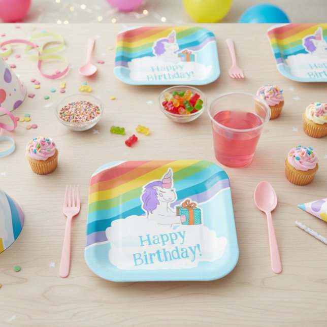 Cute Unicorn Rainbow Happy Birthday Paper Plate Pappteller (Von Creator hochgeladen)