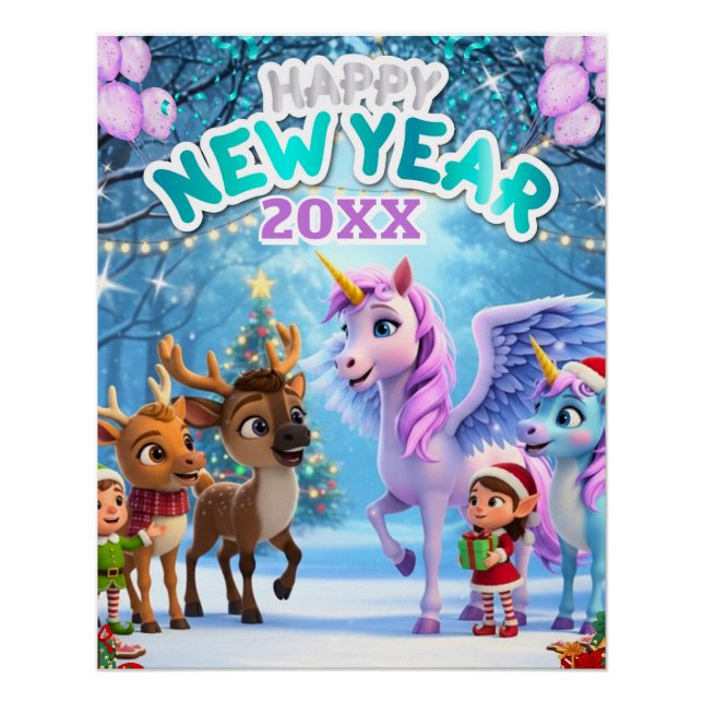 Cute Unicorn & Reindeer New Year Poster for Kids (Vorderseite)