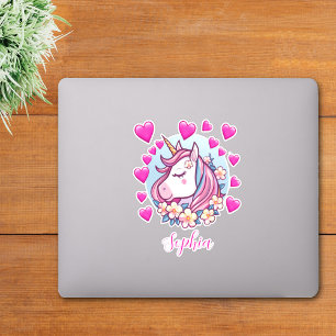 Cute Unicorn, rosa Herzen und Blumen, eigener Name Aufkleber