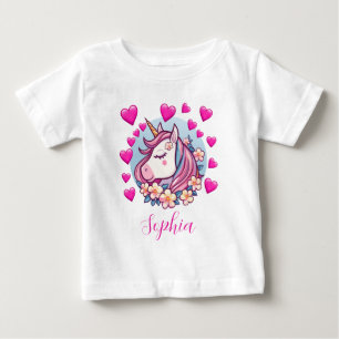 Cute Unicorn, rosa Herzen und Blumen, eigener Name Baby T-shirt