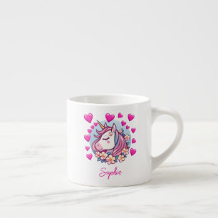 Cute Unicorn, rosa Herzen und Blumen, eigener Name Espressotasse