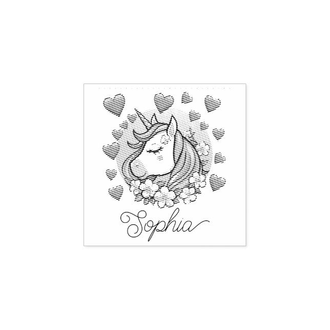 Cute Unicorn, rosa Herzen und Blumen, eigener Name Gummistempel (Prägung)
