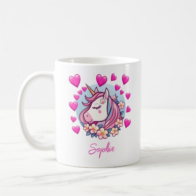 Cute Unicorn, rosa Herzen und Blumen, eigener Name Kaffeetasse (Links)