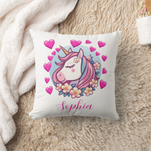 Cute Unicorn, rosa Herzen und Blumen, eigener Name Kissen