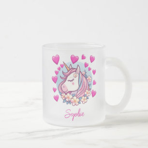 Cute Unicorn, rosa Herzen und Blumen, eigener Name Mattglastasse