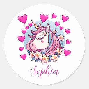 Cute Unicorn, rosa Herzen und Blumen, eigener Name Runder Aufkleber