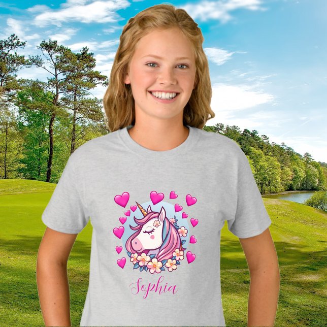 Cute Unicorn, rosa Herzen und Blumen, eigener Name T-Shirt (Von Creator hochgeladen)