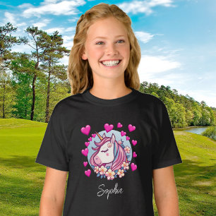 Cute Unicorn, rosa Herzen und Blumen, eigener Name T-Shirt