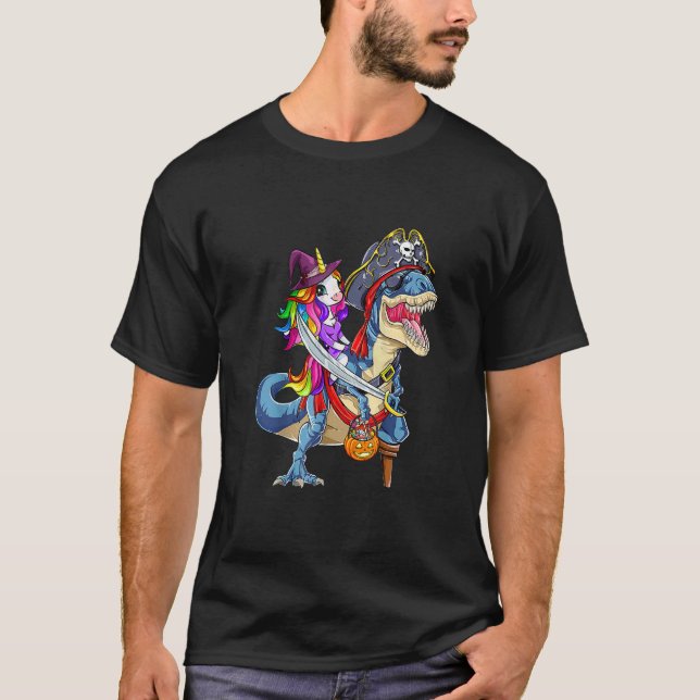 Cute Unicorn Witch Riding Dinosaur Pumpkin Hallowe T-Shirt (Vorderseite)