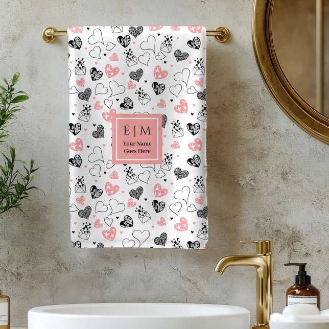 Cute Valentine Bath Towel Pink Black Love Text Badhandtuch Set (Cute Valentine Bath Towel Pink Black Love Text)