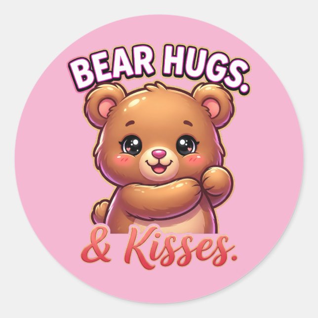Cute Valentine Bear – Bear Hugs & Kisses Runder Aufkleber (Vorderseite)